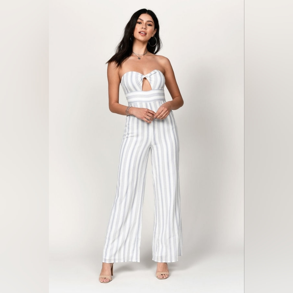 White and Blue Gray Striped Jumpsuit M